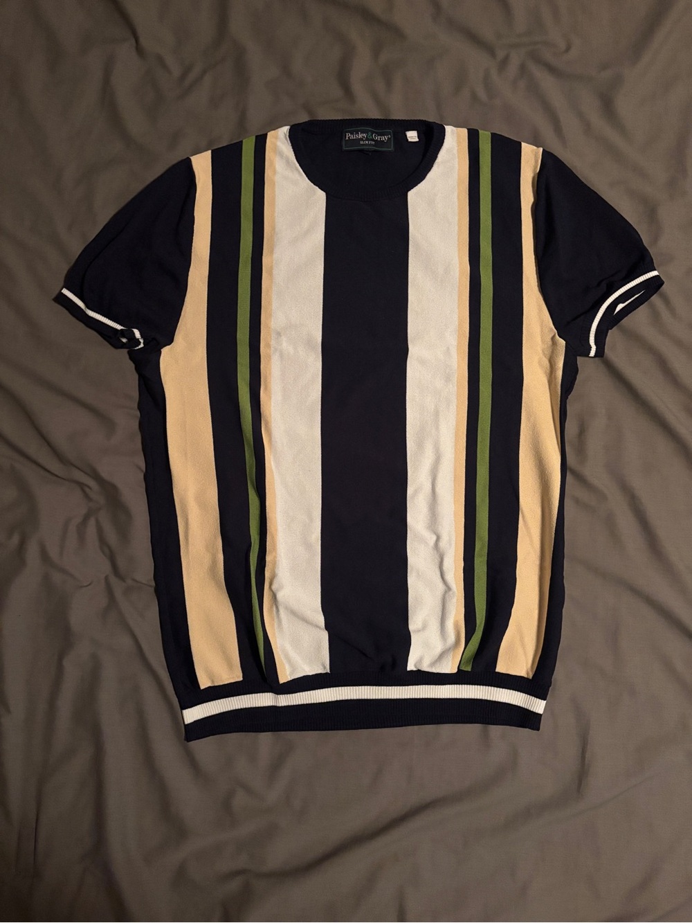 Paisley & Gray Men’s S Regular Slim Fit Navy Striped Knit Crew Neck Shirt